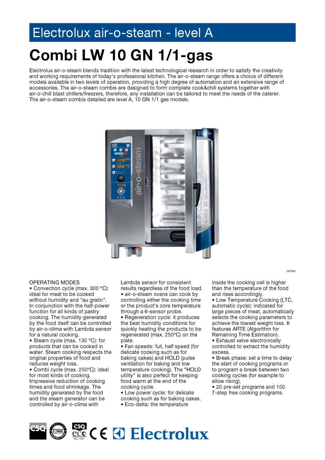 Electrolux AOS101GAD1, AOS101GAG1, 267512, 267502 manual Combi LW 10 GN 1/1-gas, Operating Modes 