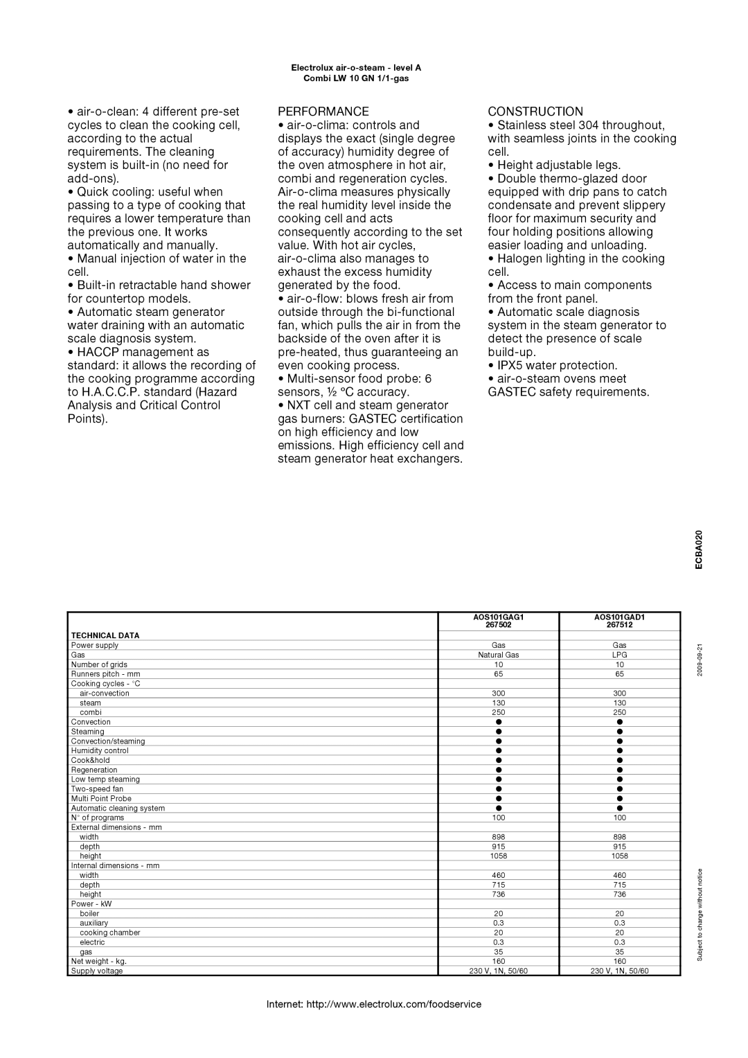 Electrolux 267512, AOS101GAG1, AOS101GAD1, 267502 manual Performance, Construction 