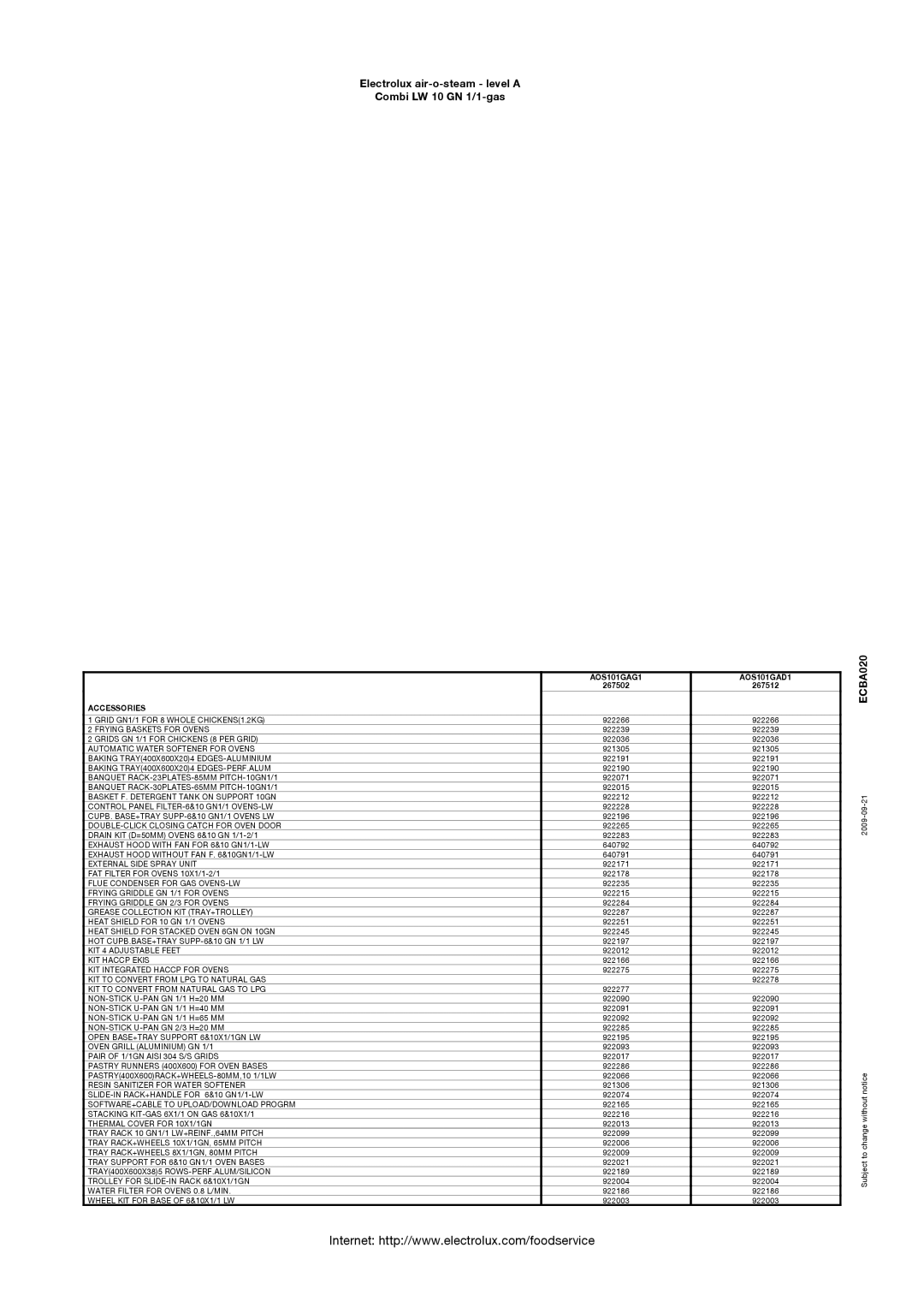 Electrolux 267502, AOS101GAG1, AOS101GAD1, 267512 manual Accessories 