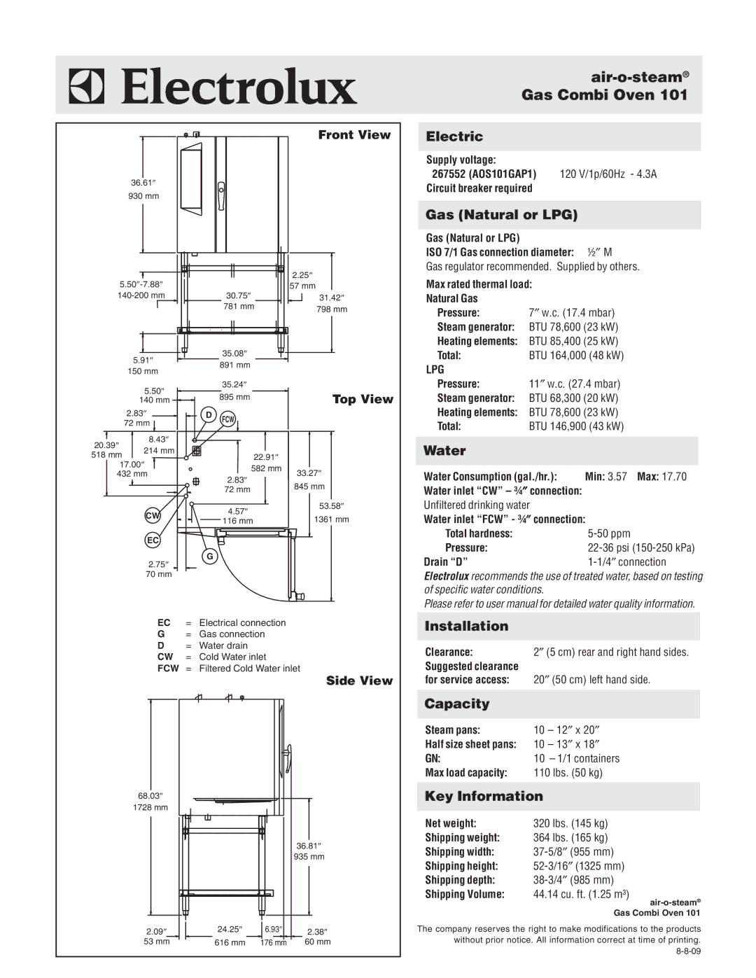 Electrolux AOS101GAP1 warranty Electric, Gas Natural or LPG, Water, Installation, Capacity, Key Information 