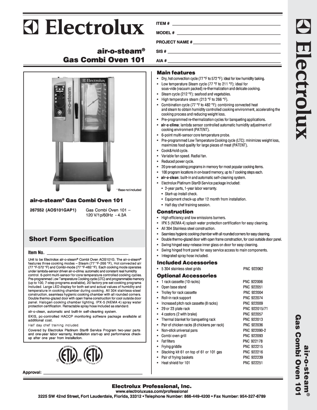 Electrolux AOS101GAP1 warranty Short Form Specification, air-o-steam Gas Combi Oven, Main features, Construction, Item # 