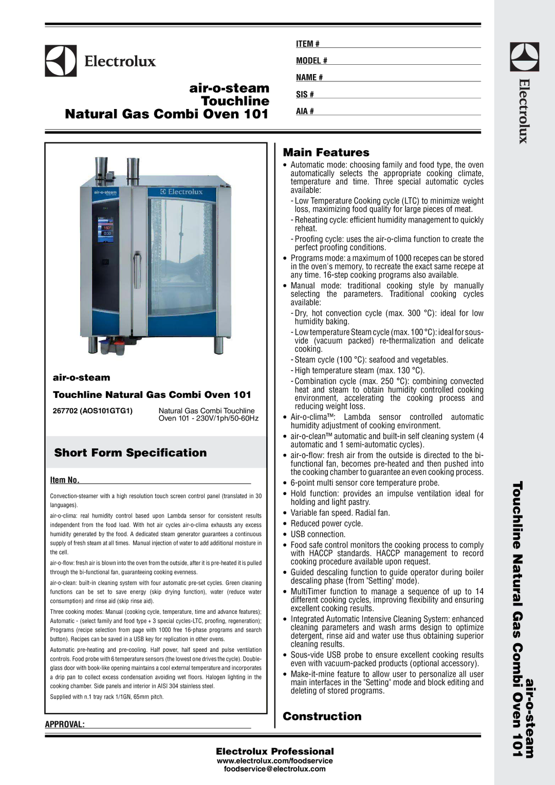 Electrolux 267702, AOS101GTG1 manual Main Features, Short Form Specification, Construction, Item No 