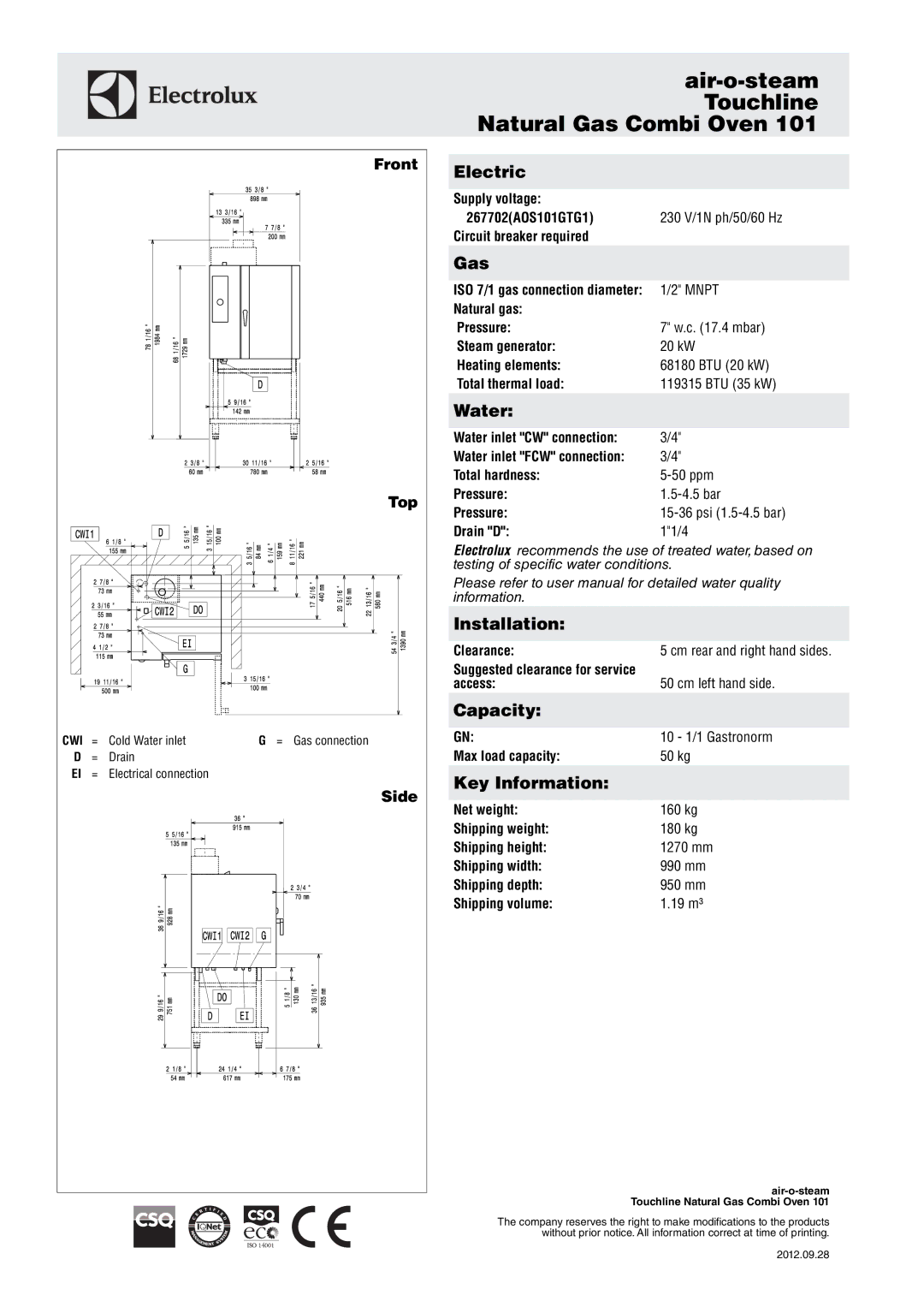 Electrolux Supply voltage 267702AOS101GTG1, Circuit breaker required, Natural gas Pressure, Steam generator, Drain D 