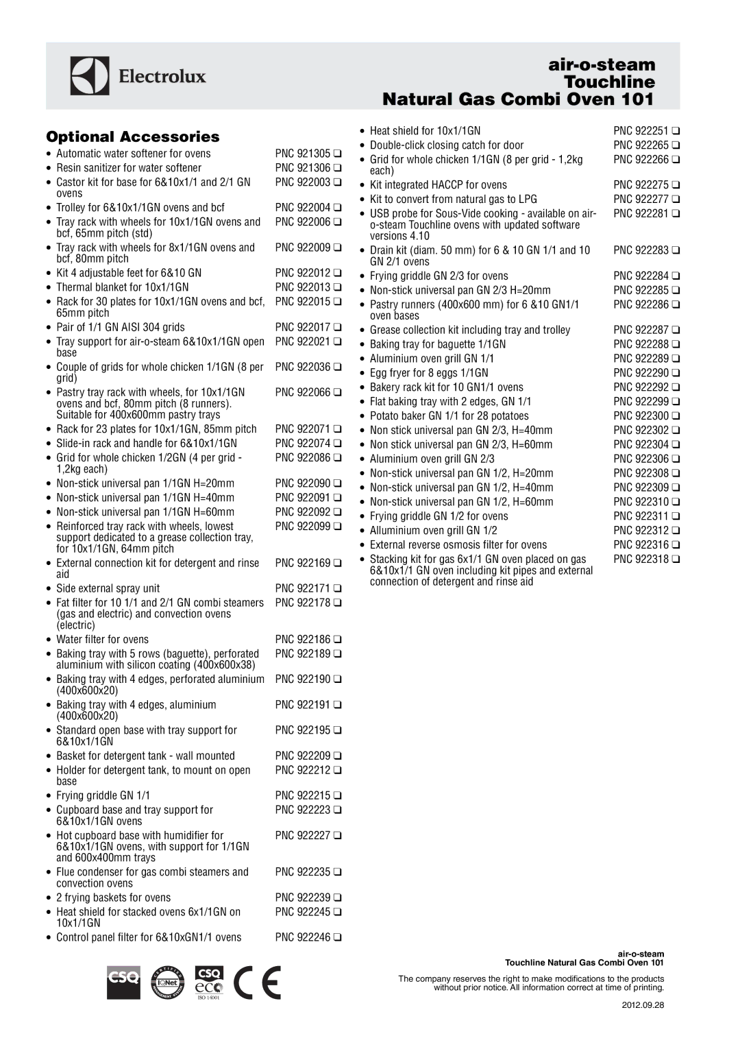 Electrolux AOS101GTG1, 267702 manual Optional Accessories 