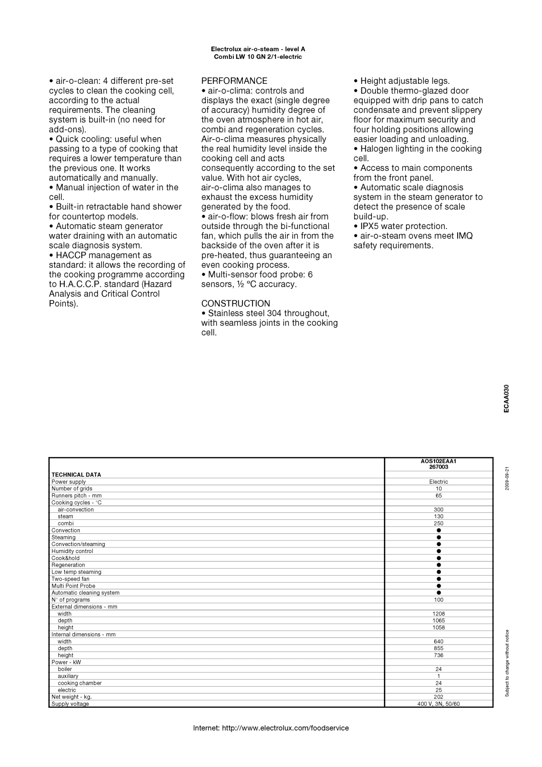 Electrolux AOS102EAA1, 267003 manual Performance, Construction 