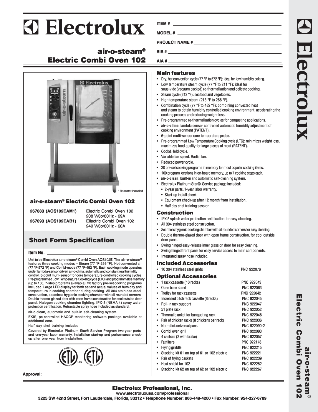 Electrolux AOS102EAB1 warranty Short Form Specification, air-o-steam Electric Combi Oven, Main features, Construction 