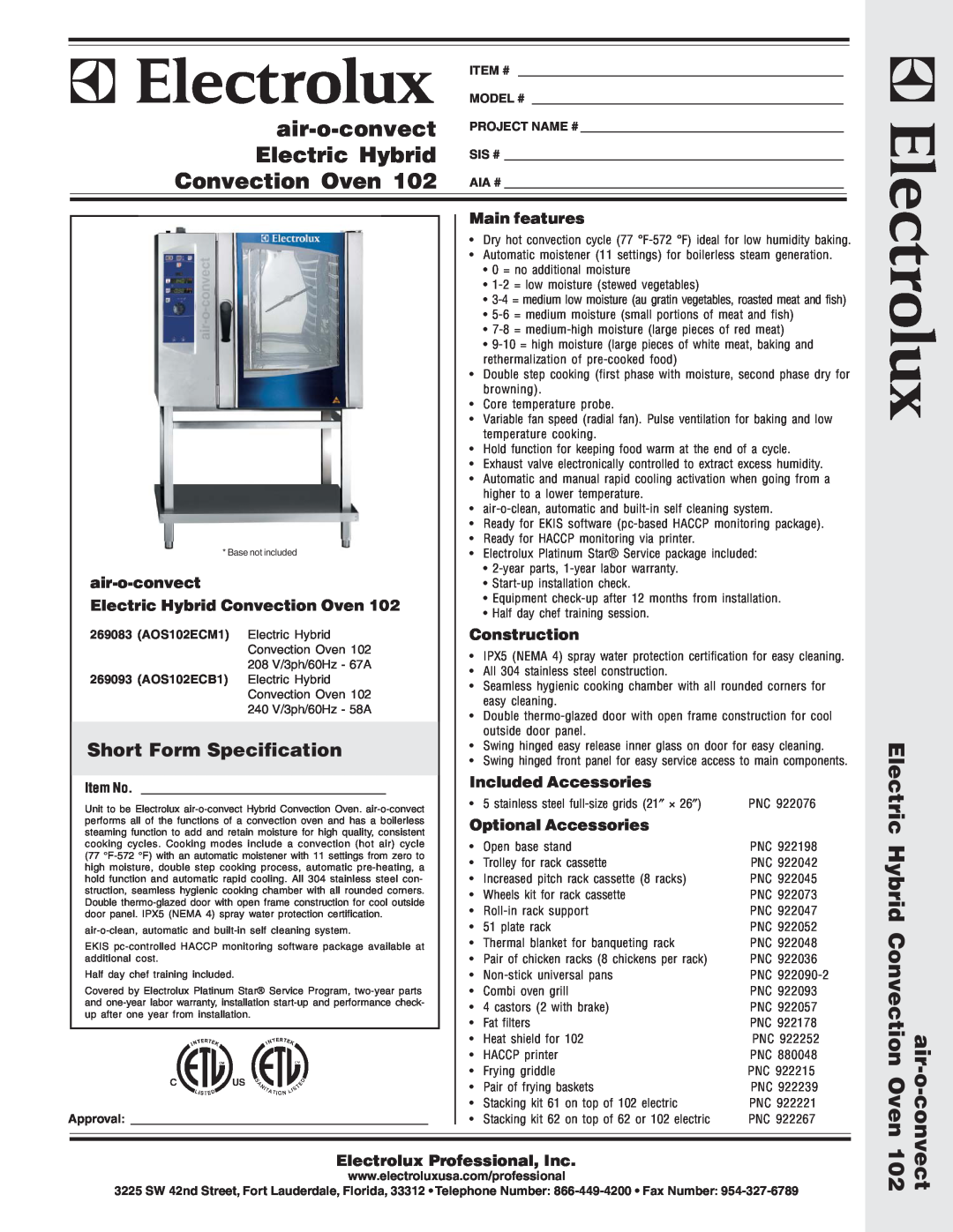 Electrolux AOS102ECB1 warranty Short Form Specification, air-o-convect Electric Hybrid Convection Oven, Main features 