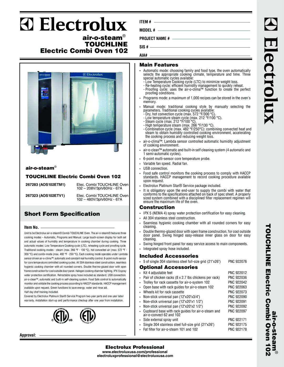 Electrolux AOS102ETM1, AOS102ETV1 warranty Main Features, Construction, Included Accessories, Optional Accessories 