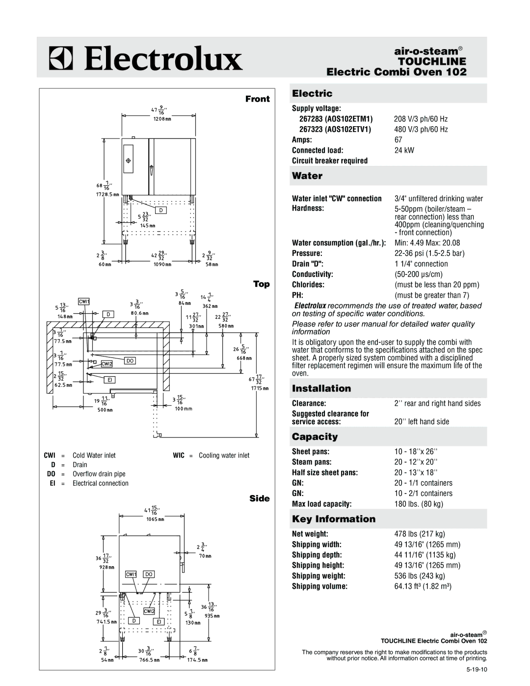 Electrolux AOS102ETV1, AOS102ETM1 warranty Electric, Water, Installation, Capacity, Key Information 