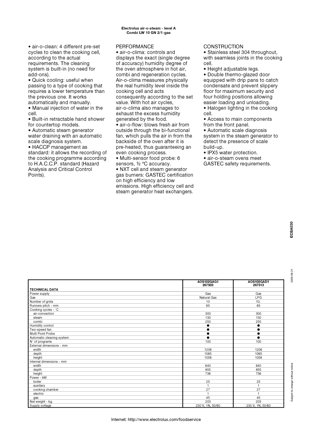 Electrolux 267513, AOS102GAG1, AOS102GAD1, 267503 manual Performance, Construction 