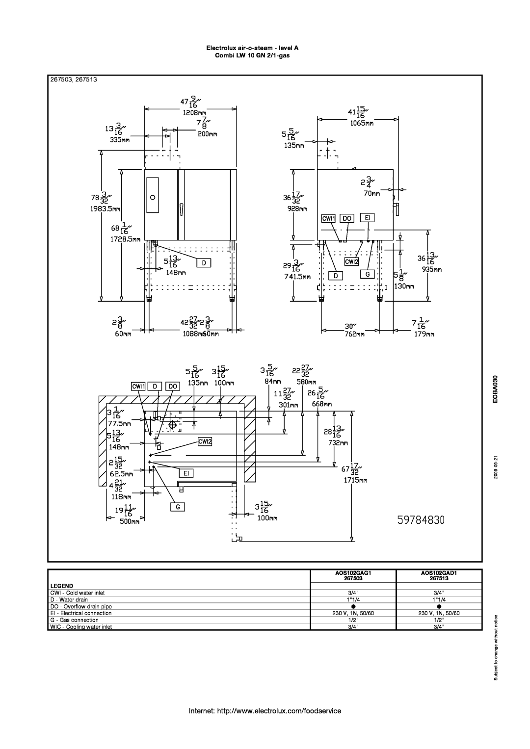 Electrolux AOS102GAG1 manual 267503, Electrolux air-o-steam - level A Combi LW 10 GN 2/1-gas, ECBA030, AOS102GAD1, 267513 