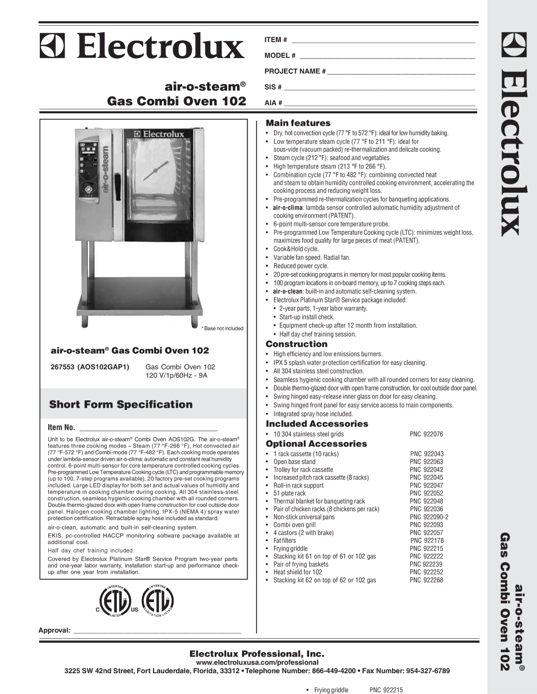 Electrolux AOS102GAP1 warranty Air-o-steamGas Combi Oven, Main features, Construction, Included Accessories 