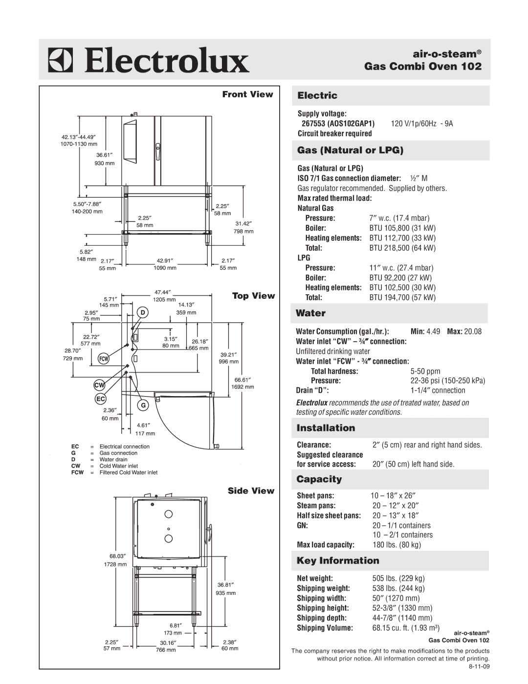 Electrolux AOS102GAP1 warranty Electric, Gas Natural or LPG, Water, Installation, Capacity, Key Information 