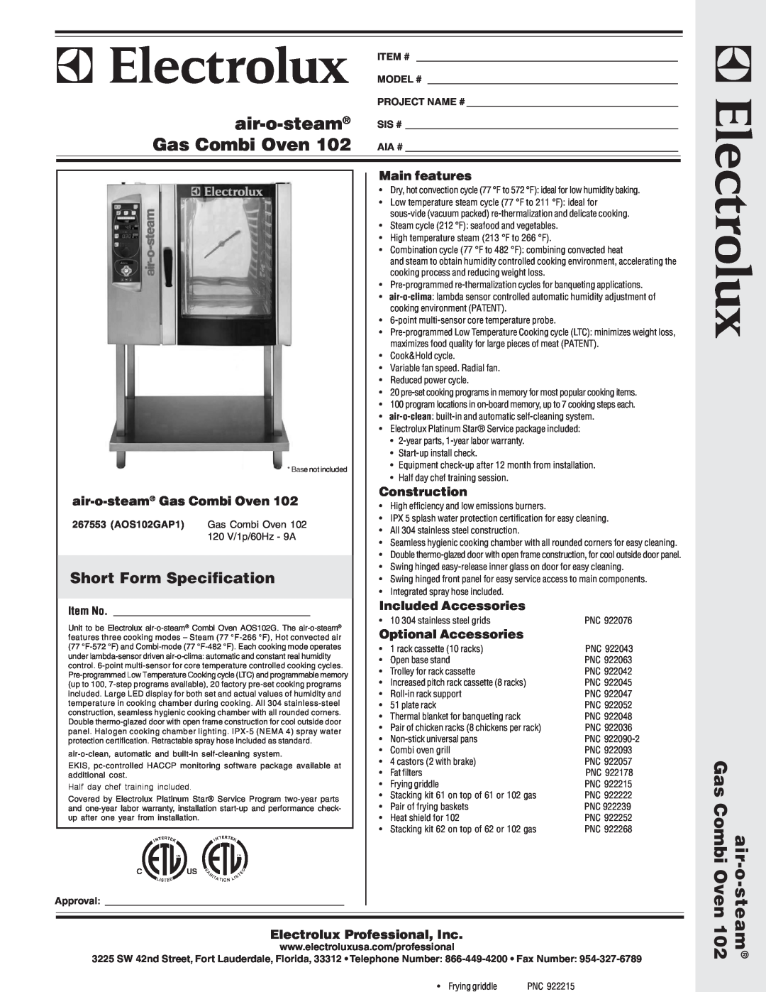 Electrolux AOS102GAP1 warranty Short Form Specification, air-o-steam Gas Combi Oven, Main features, Construction, Item # 