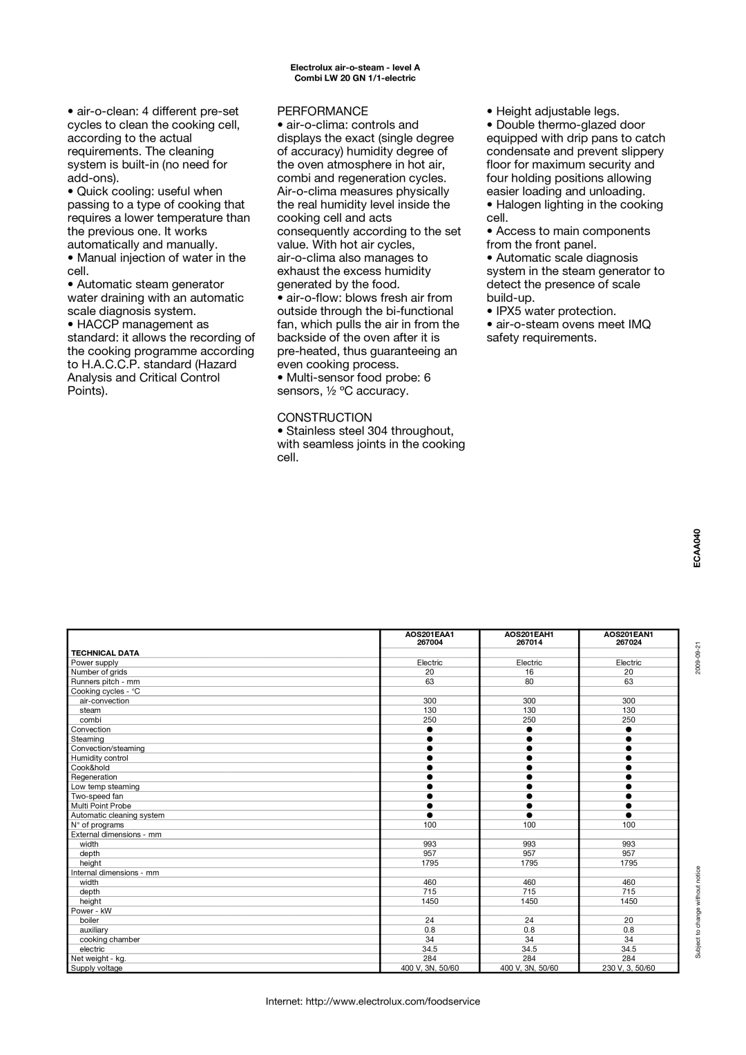 Electrolux AOS201EAN1, AOS201EAH1, AOS201EAA1, 267014, 267024, 267004 manual Performance, Construction 