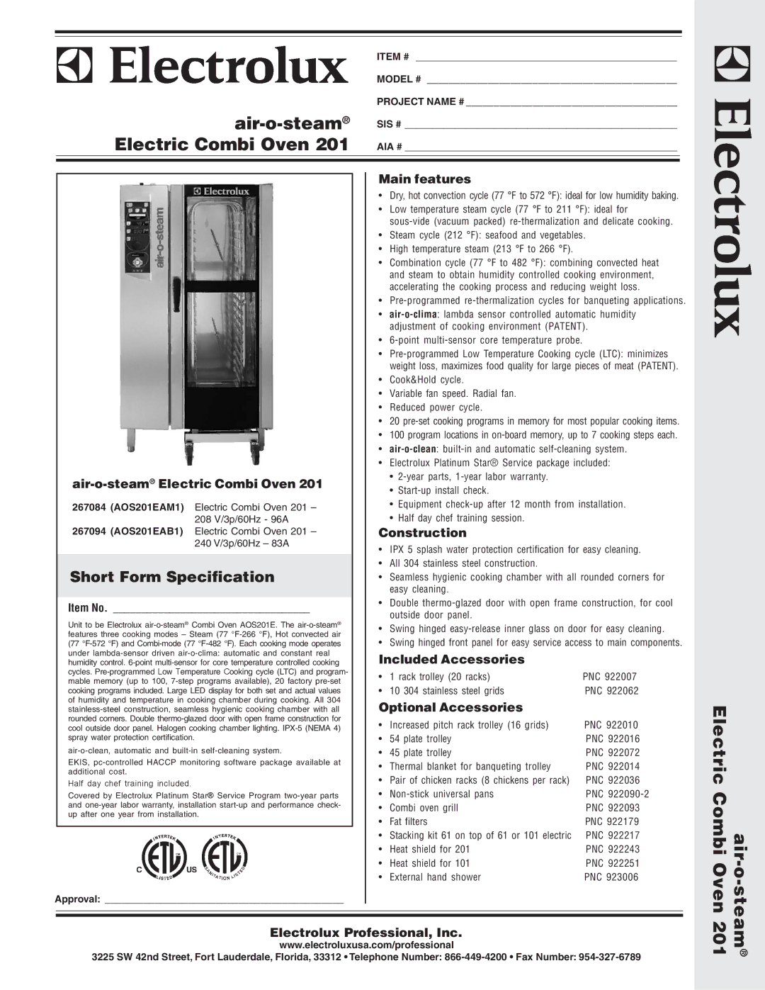 Electrolux AOS201EAB1 warranty Main features, Air-o-steamElectric Combi Oven, Construction, Included Accessories 