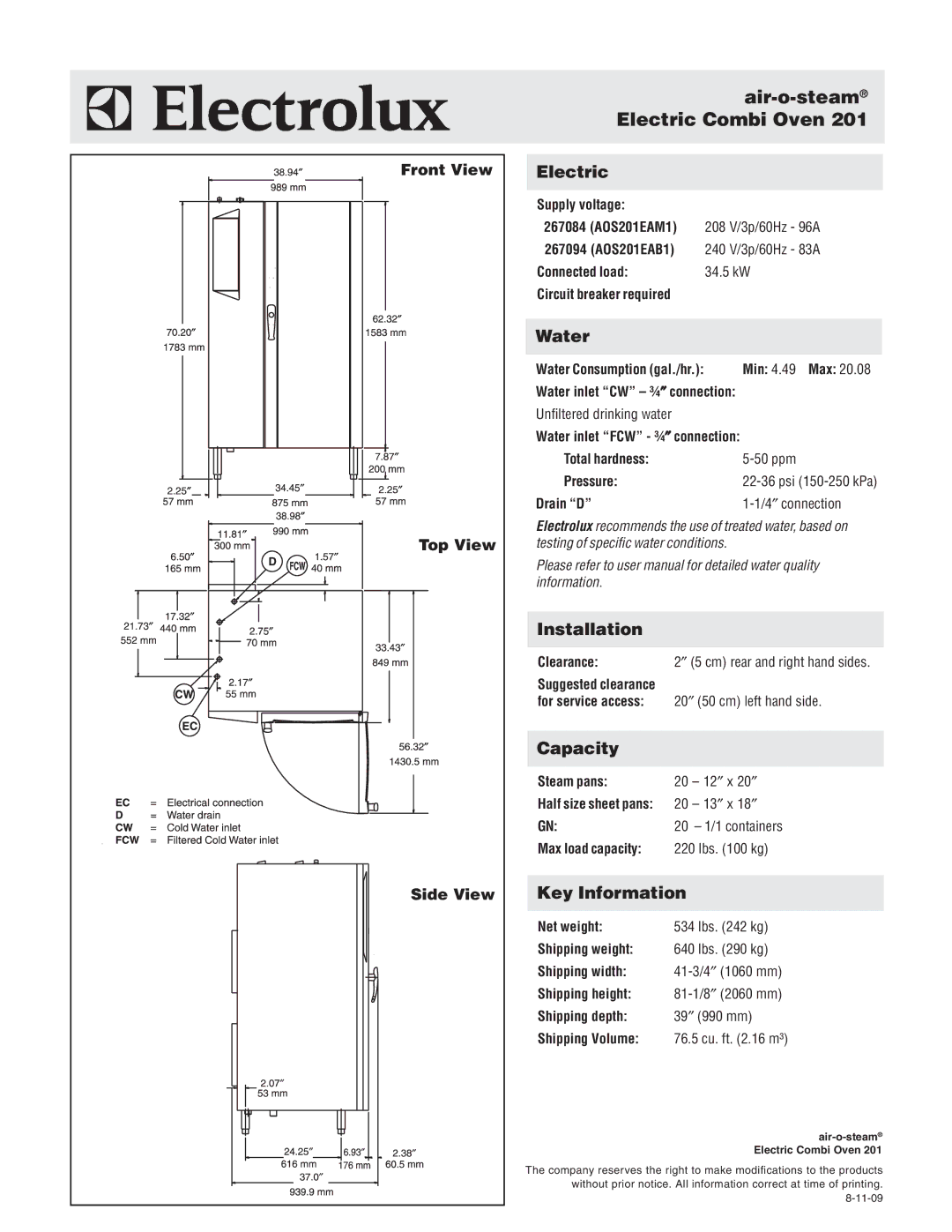 Electrolux AOS201EAM1, AOS201EAB1 warranty Electric, Water, Installation, Capacity, Key Information 