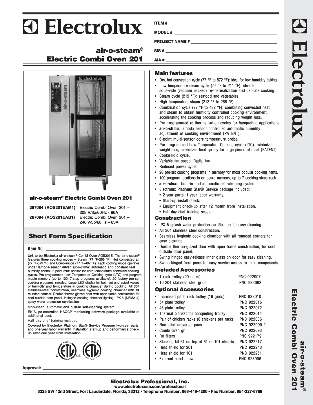 Electrolux AOS201EAB1 warranty Short Form Specification, Main features, air-o-steam Electric Combi Oven, Construction 