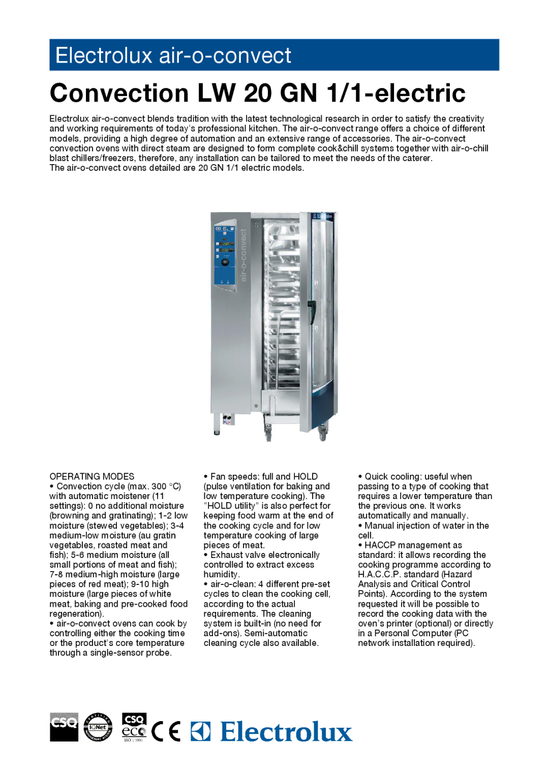 Electrolux AOS201ECA1, AOS201ECH1, AOS201ECN1, 269024, 269014, 269004 manual Convection LW 20 GN 1/1-electric, Operating Modes 