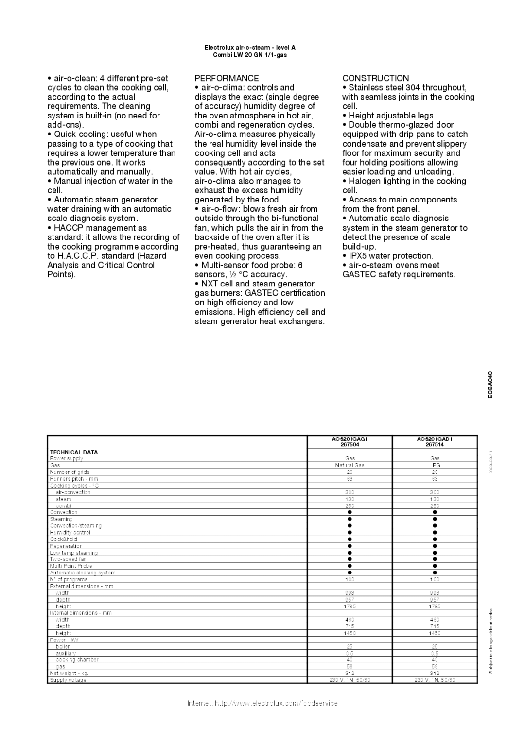 Electrolux 267514, AOS201GAG1, AOS201GAD1, 267504 manual Performance, Construction 