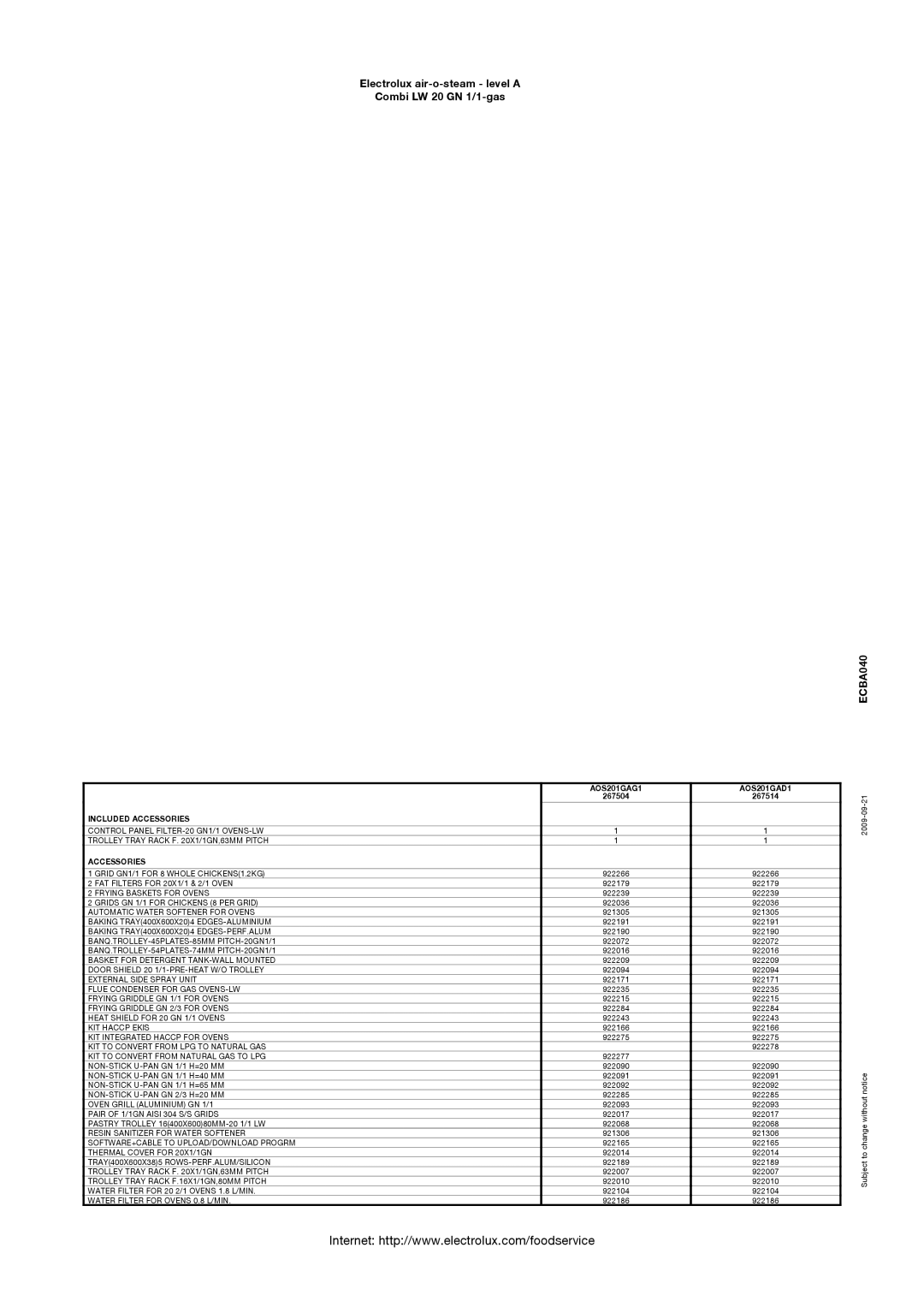 Electrolux 267504, 267514 manual AOS201GAG1 AOS201GAD1 