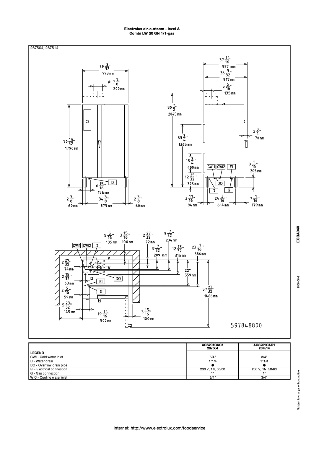 Electrolux AOS201GAG1 manual 267504, Electrolux air-o-steam - level A Combi LW 20 GN 1/1-gas, ECBA040, AOS201GAD1, 267514 