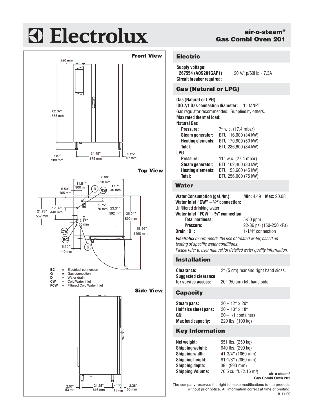 Electrolux AOS201GAP1 warranty Electric, Gas Natural or LPG, Water, Installation, Capacity, Key Information 