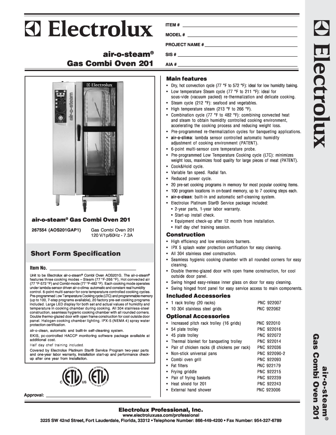 Electrolux AOS201GAP1 warranty Short Form Specification, Main features, air-o-steam Gas Combi Oven, Construction, Item # 