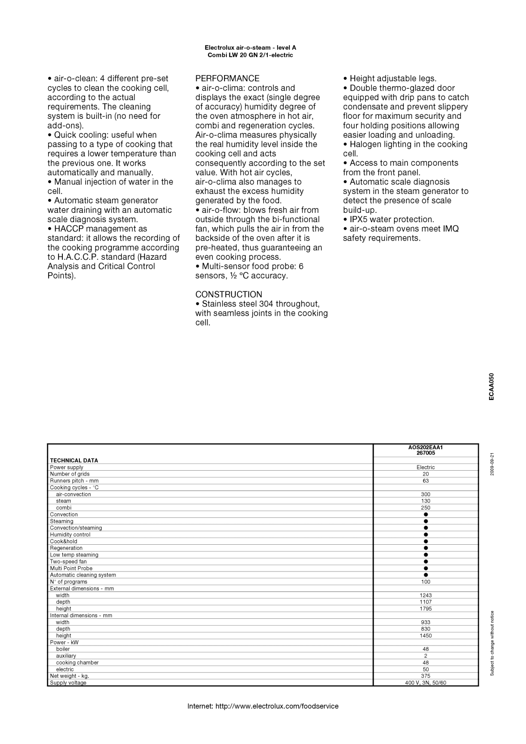 Electrolux AOS202EAA1, 267005 manual Performance, Construction 