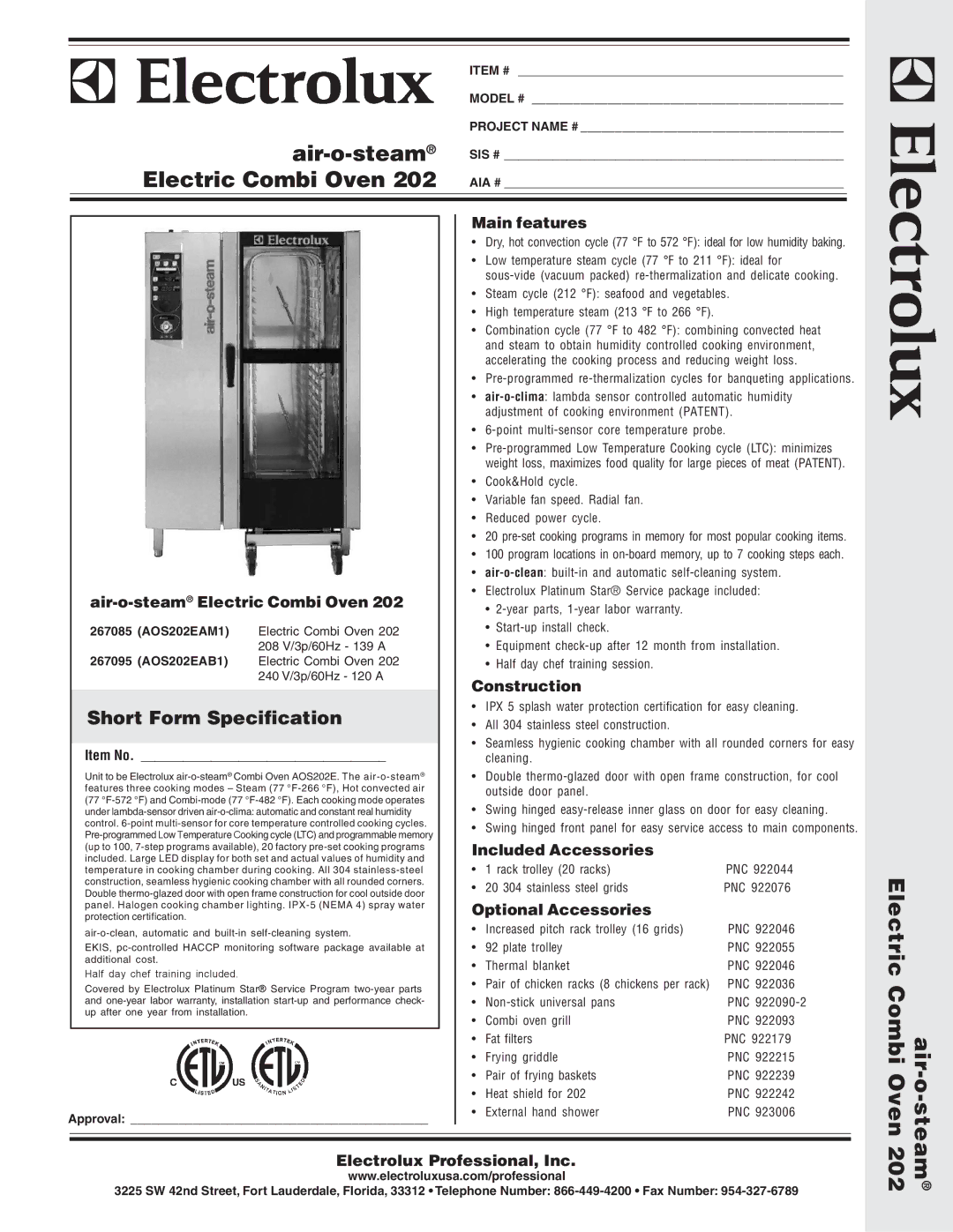 Electrolux AOS202EAM1 warranty Main features, Air-o-steamElectric Combi Oven, Construction, Included Accessories 