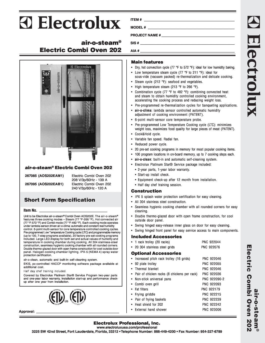 Electrolux AOS202EAM1 warranty Short Form Specification, Main features, air-o-steam Electric Combi Oven, Construction 