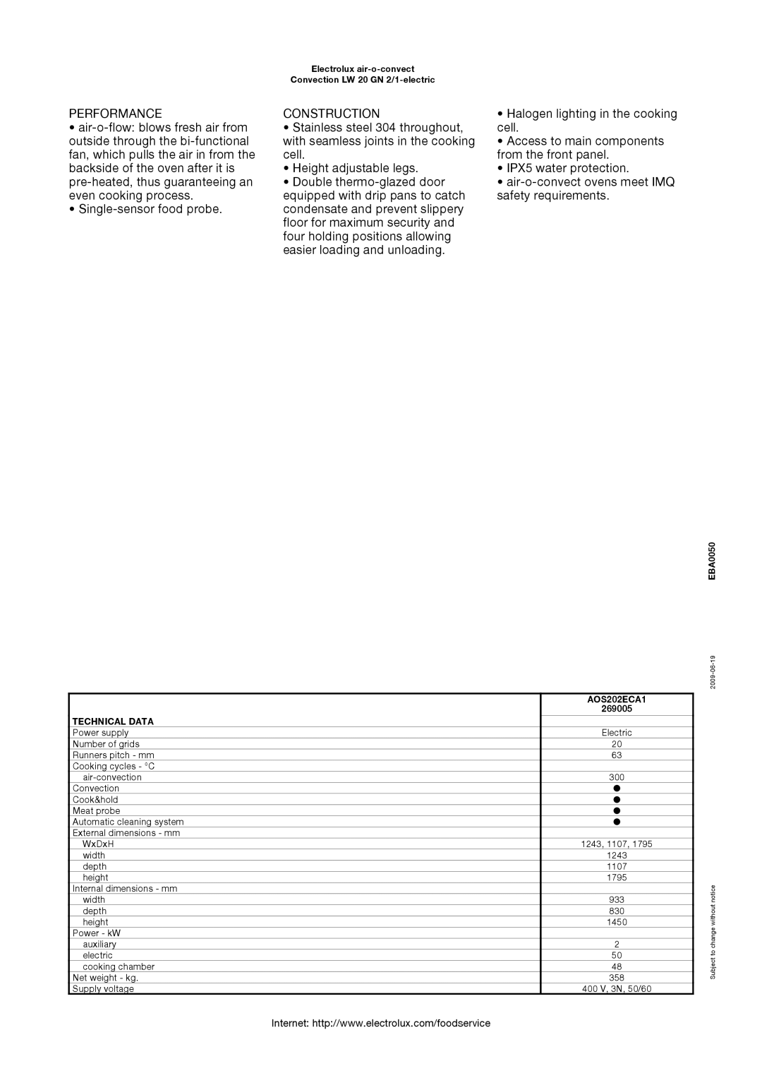 Electrolux AOS202ECA1, 269005 manual Performance, Construction, Technical Data 