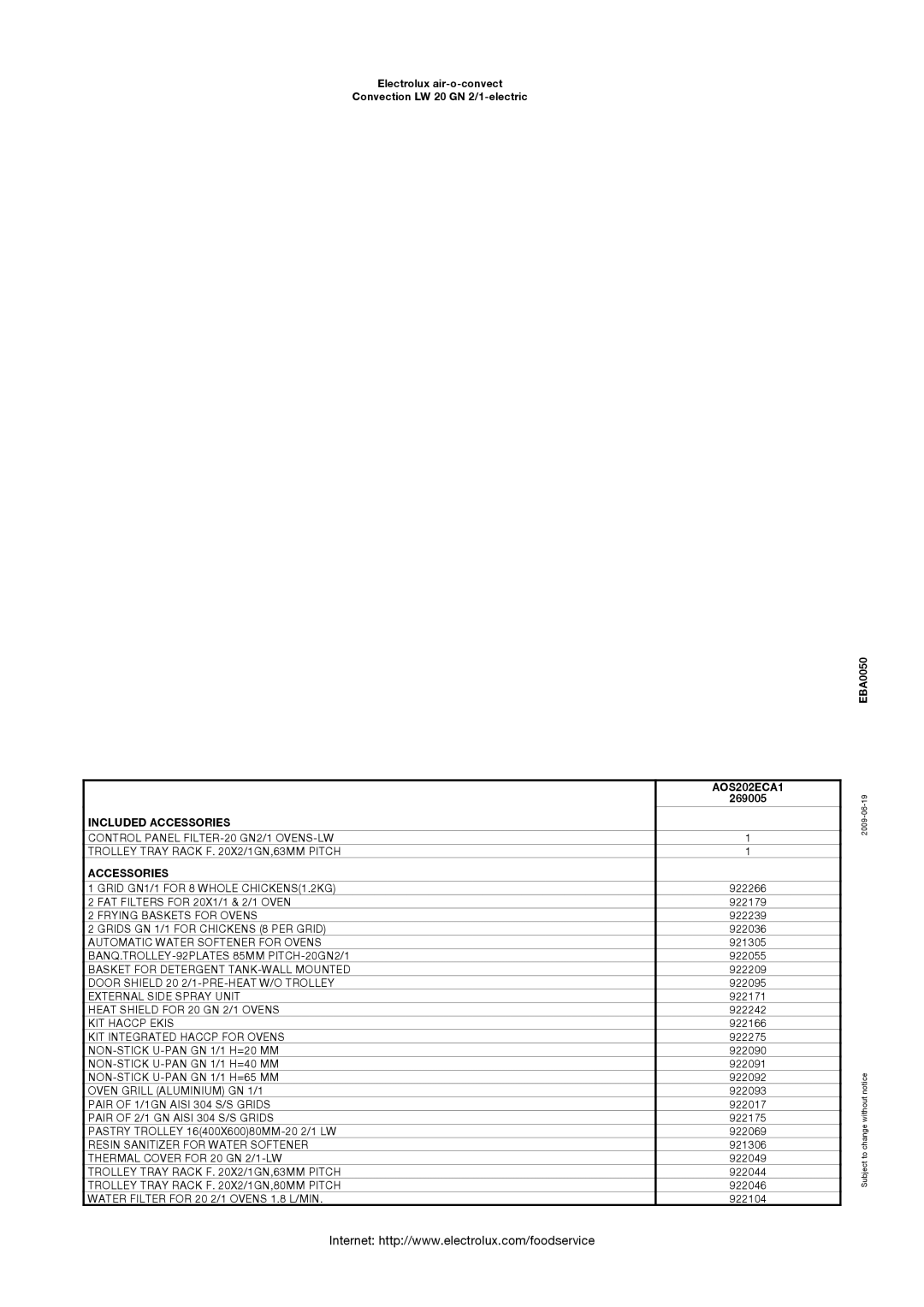 Electrolux 269005 manual AOS202ECA1, Included Accessories 