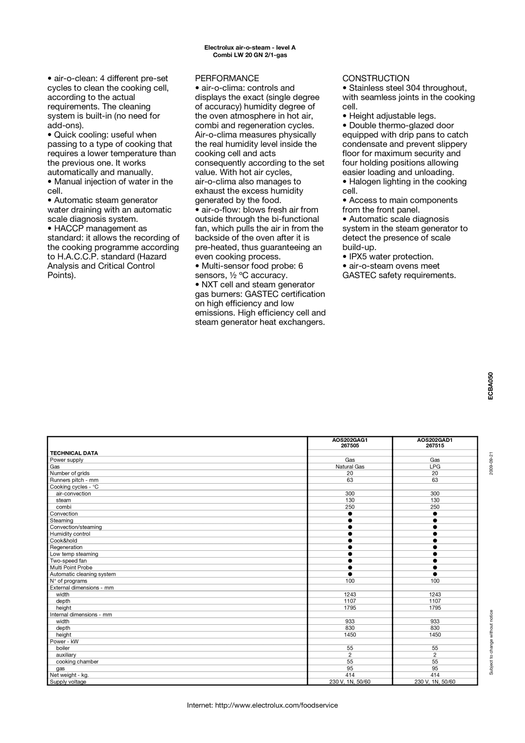 Electrolux 267515, AOS202GAG1, AOS202GAD1, 267505 manual Performance, Construction 