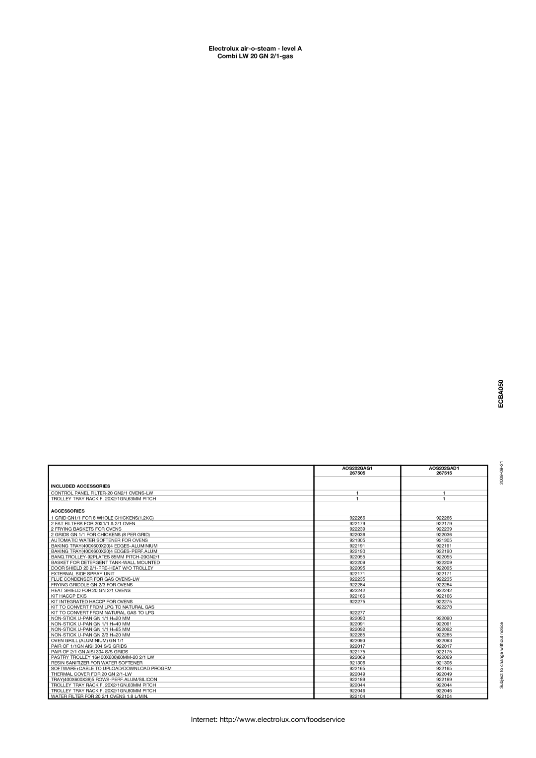 Electrolux 267505, 267515 manual AOS202GAG1 AOS202GAD1 