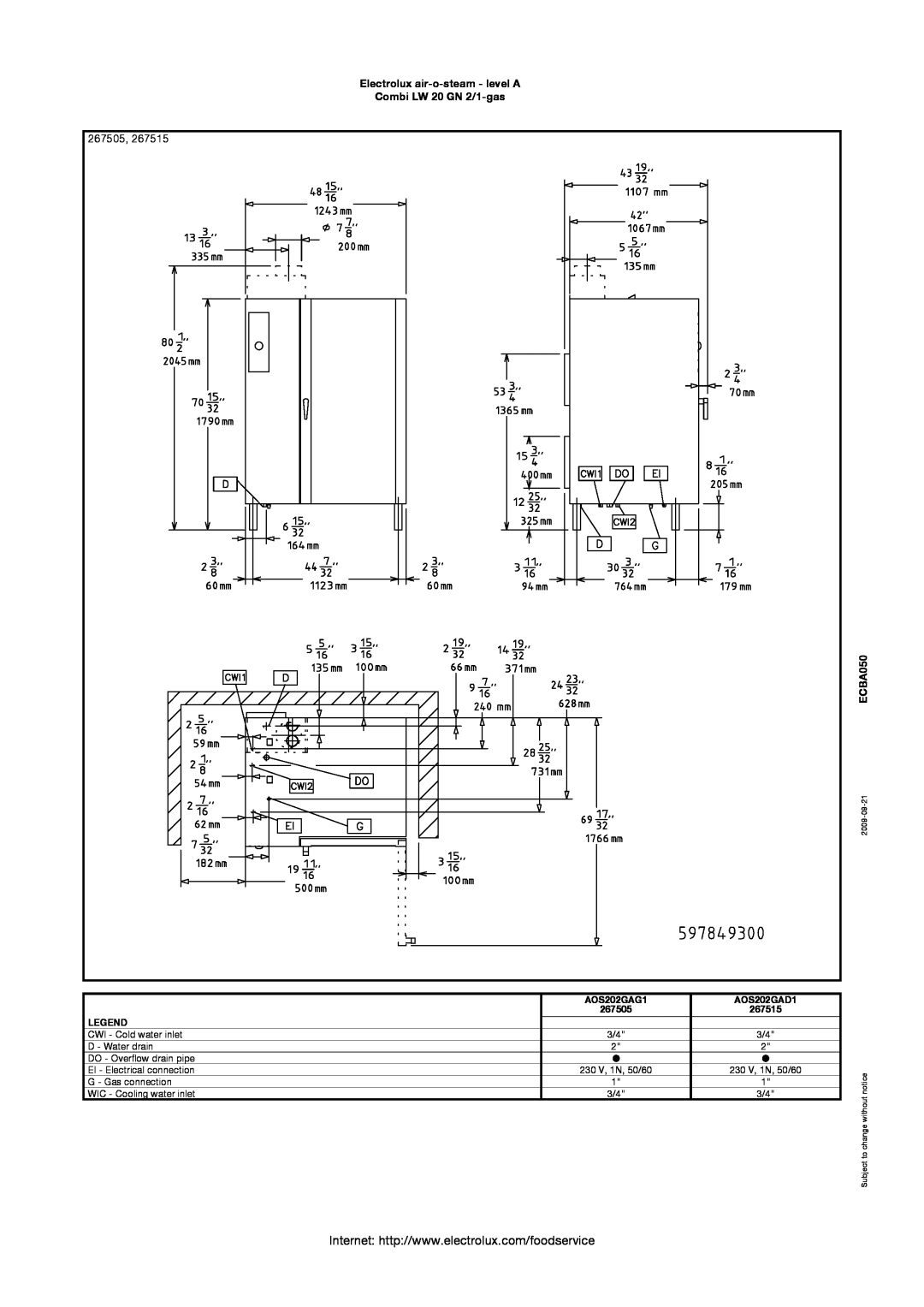 Electrolux AOS202GAG1 manual 267505, Electrolux air-o-steam - level A Combi LW 20 GN 2/1-gas, ECBA050, AOS202GAD1, 267515 