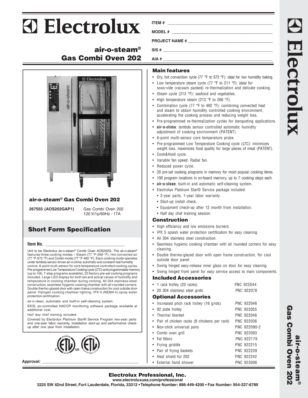 Electrolux AOS202GAP1 warranty Main features, Air-o-steamGas Combi Oven, Construction, Included Accessories 