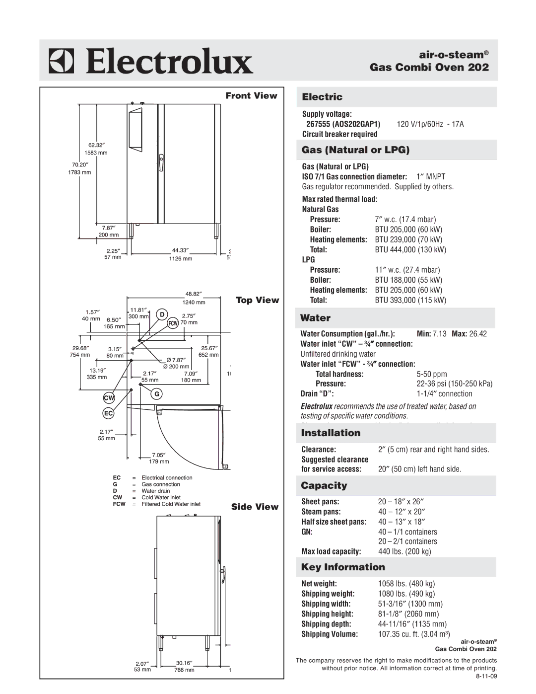 Electrolux AOS202GAP1 warranty Electric, Gas Natural or LPG, Water, Installation, Capacity, Key Information 