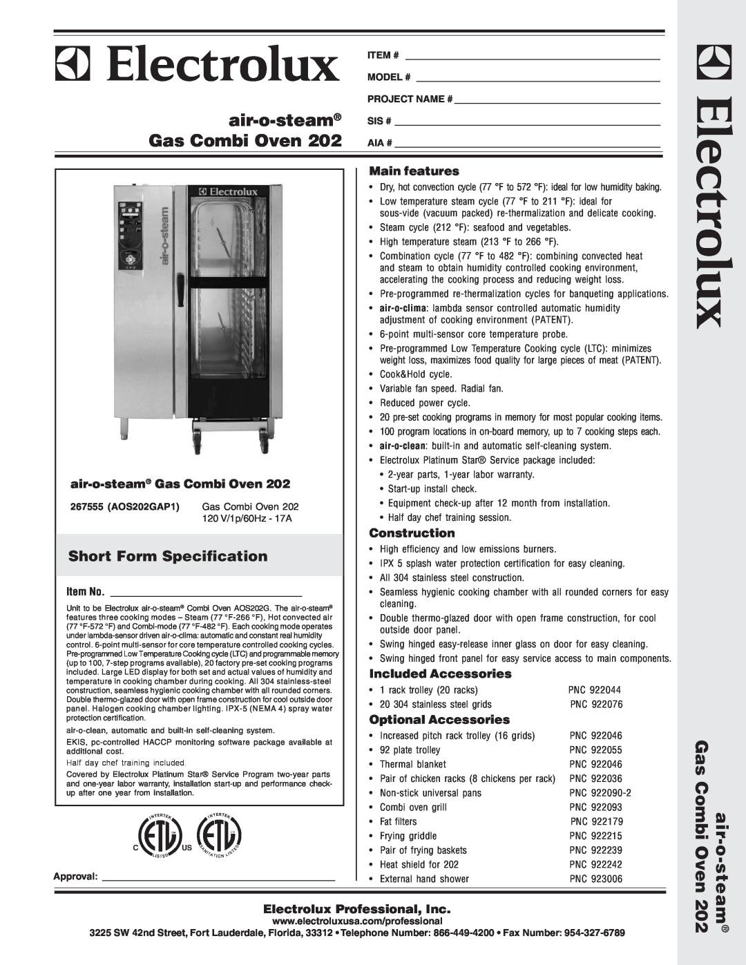 Electrolux AOS202G warranty Short Form Specification, Main features, air-o-steam Gas Combi Oven, Construction, Item # 