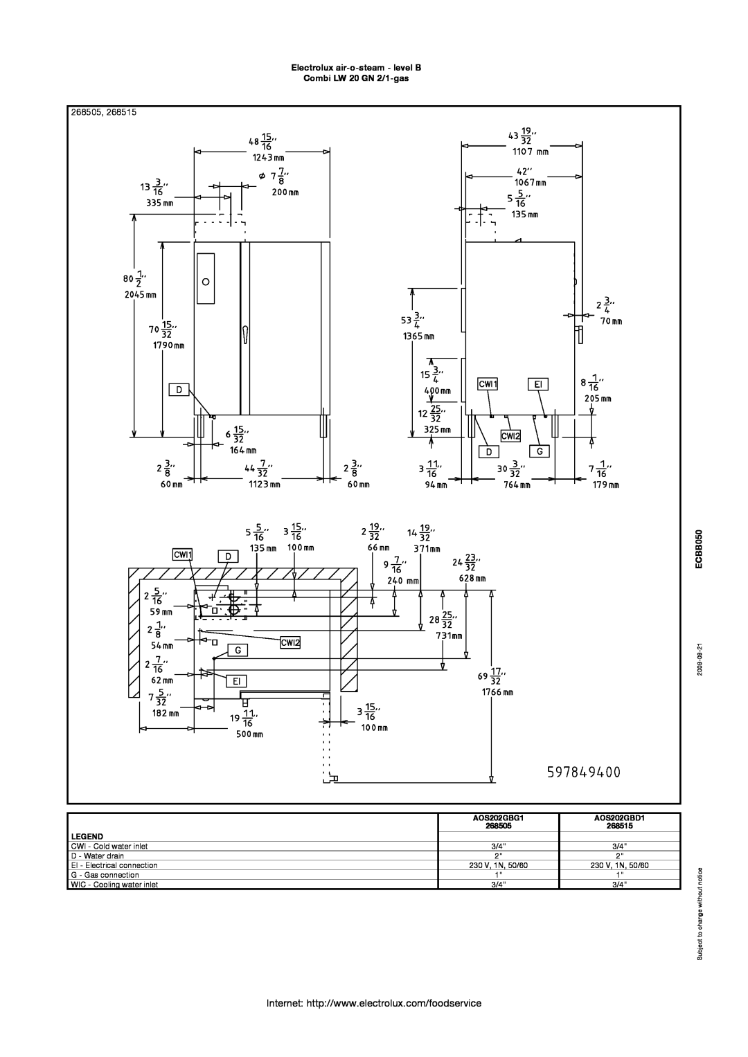 Electrolux AOS202GBD1 manual 268505, Electrolux air-o-steam - level B Combi LW 20 GN 2/1-gas, ECBB050, AOS202GBG1, 268515 