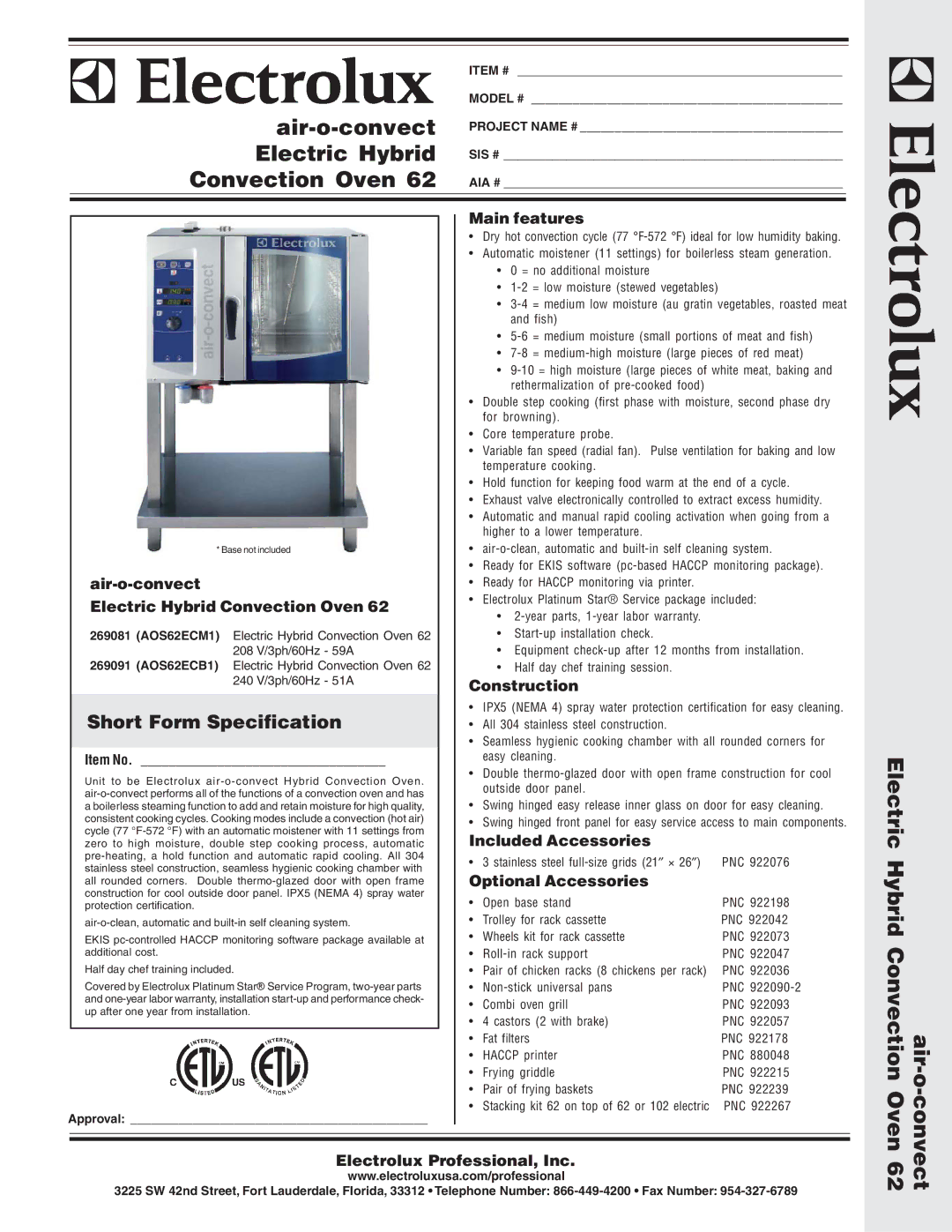 Electrolux AOS62ECB1, AOS62ECM1 warranty Air-o-convect Electric Hybrid Convection Oven, Main features, Construction 