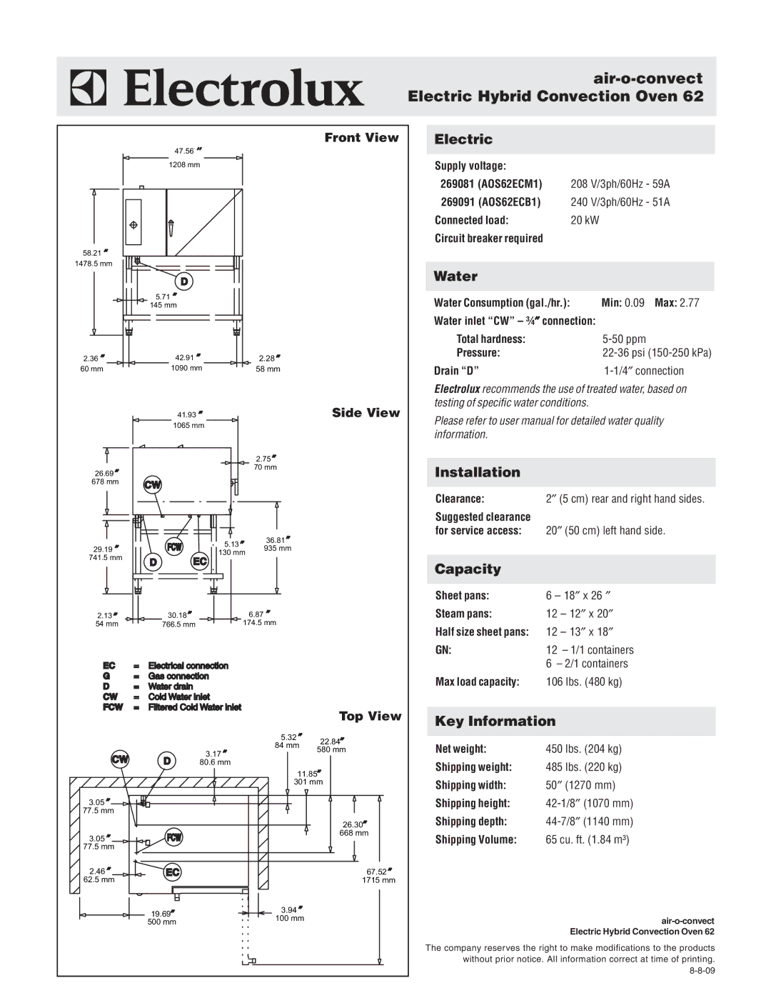 Electrolux AOS62ECM1, AOS62ECB1 warranty Electric, Water, Installation, Capacity, Key Information 