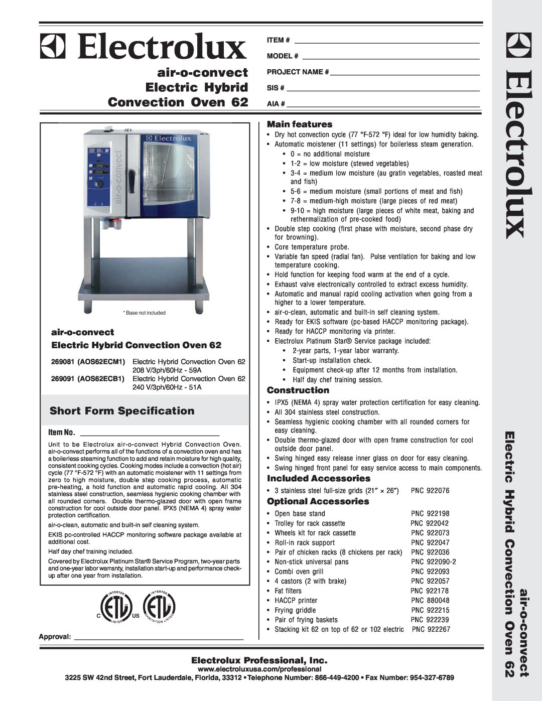 Electrolux AOS62ECB1 warranty Short Form Specification, air-o-convect Electric Hybrid Convection Oven, Main features 