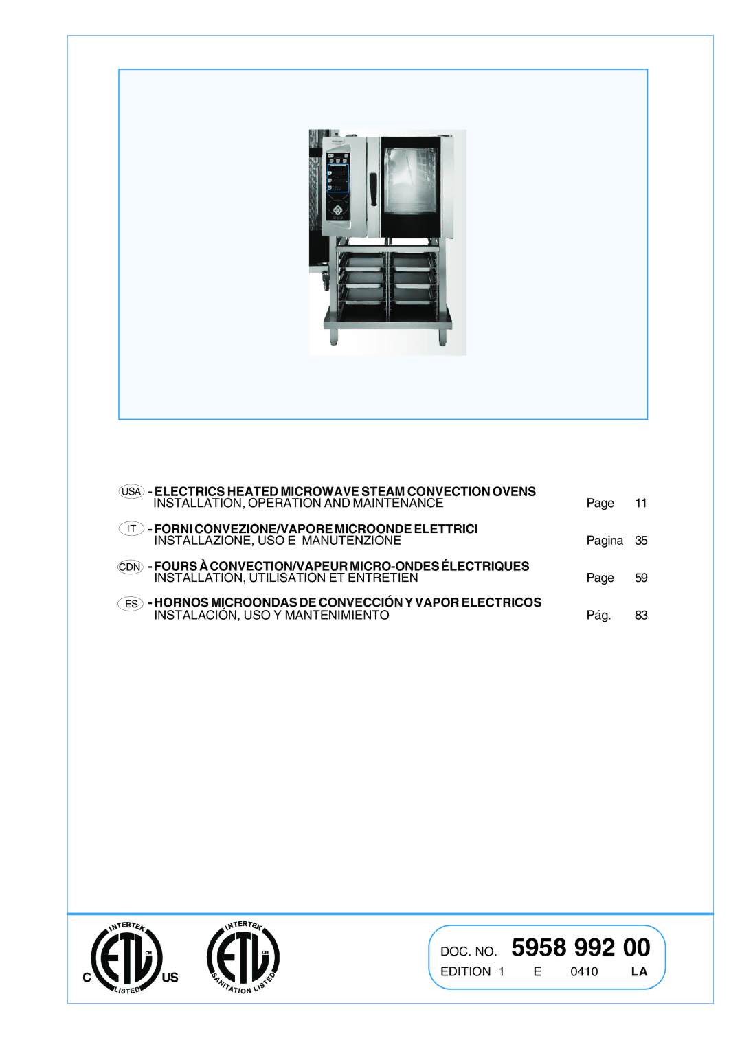 Electrolux AOW101E manual Electrics Heated Microwave Steam Convection Ovens, Forni CONVEZIONE/VAPORE Microonde Elettrici 