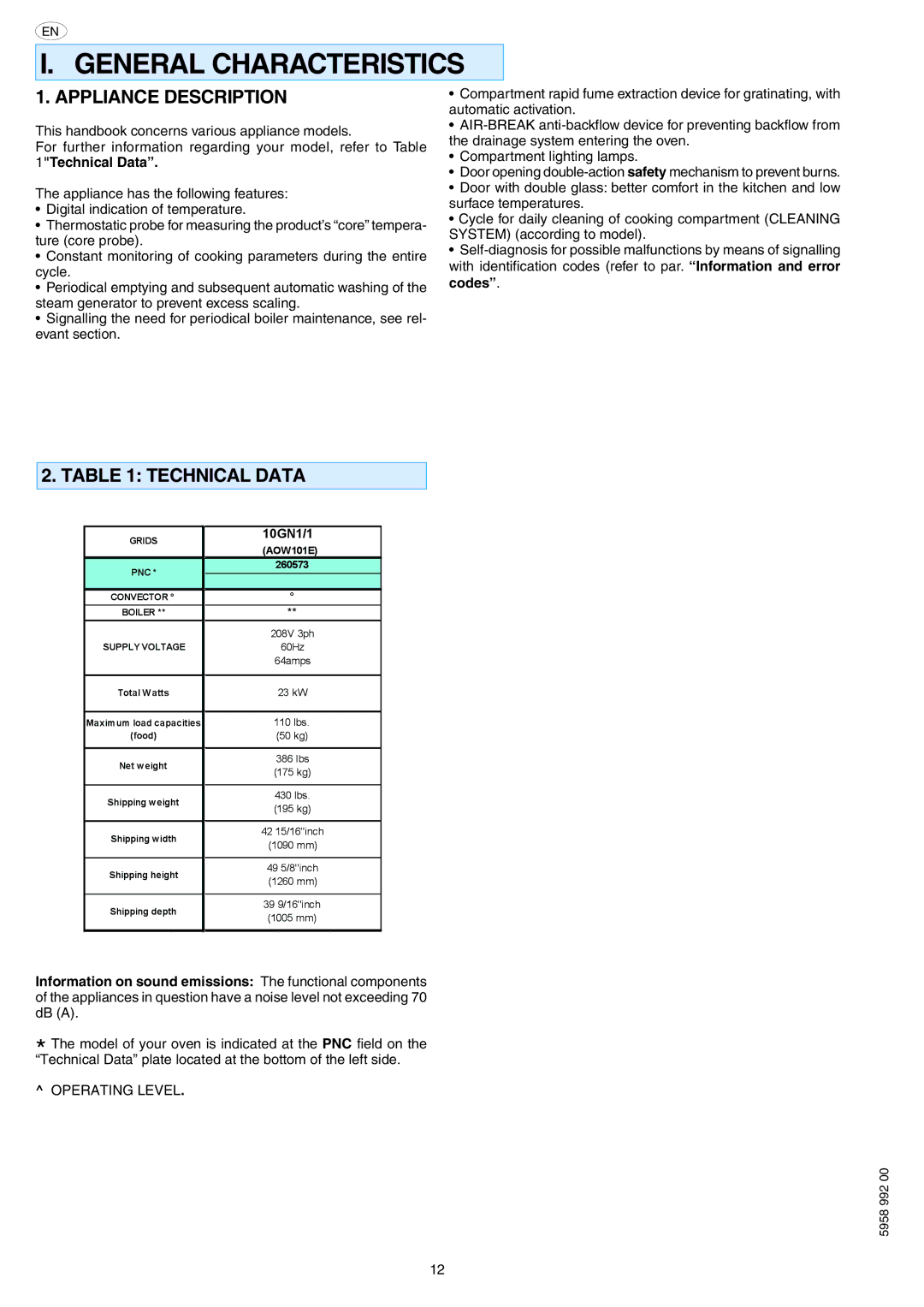 Electrolux AOW101E manual General Characteristics, Appliance Description, Technical Data, Operating Level 