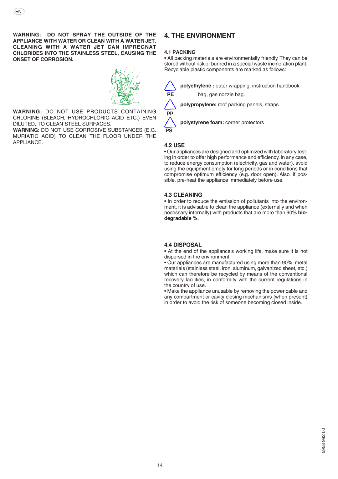 Electrolux AOW101E manual Environment, Cleaning, Disposal, Packing, Polystyrene foam corner protectors 