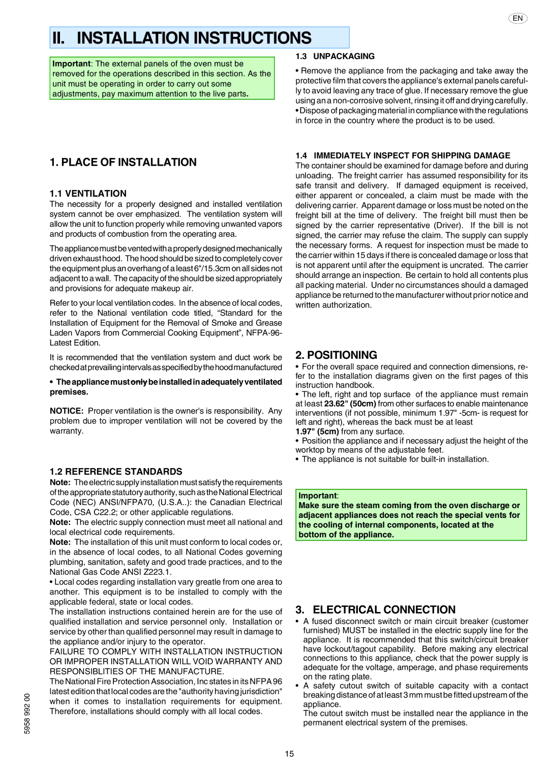 Electrolux AOW101E manual II. Installation Instructions, Place of Installation, Positioning, Electrical Connection 