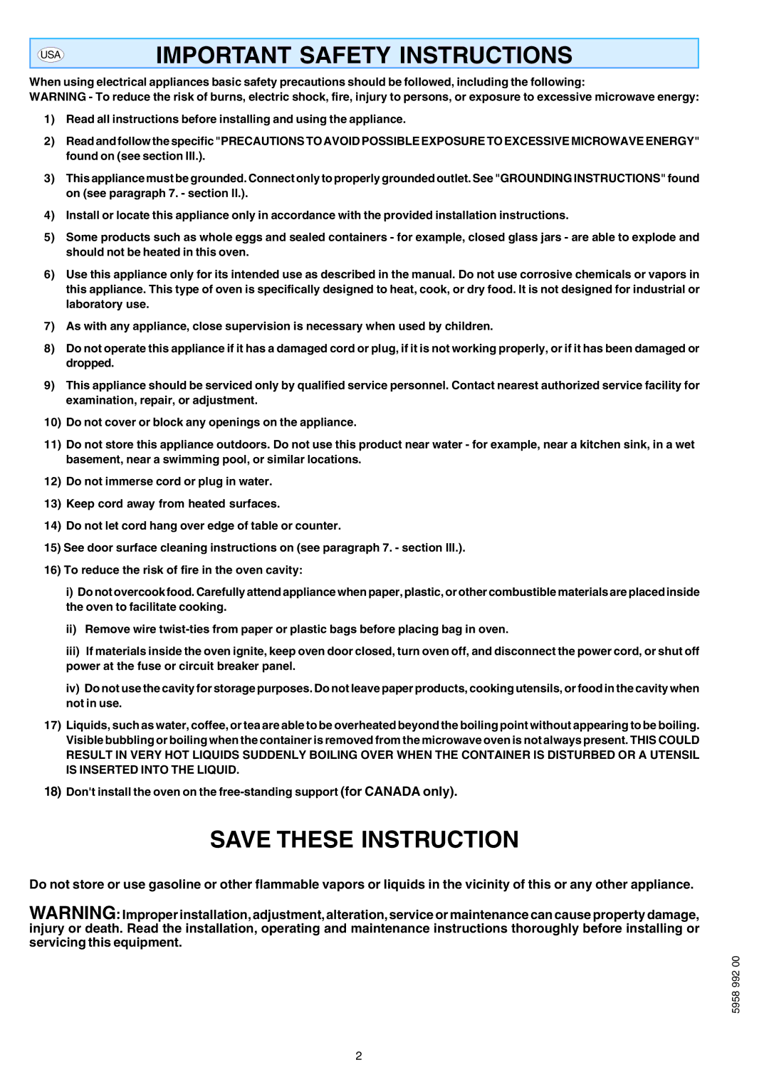 Electrolux AOW101E manual Important Safety Instructions, Save These Instruction 