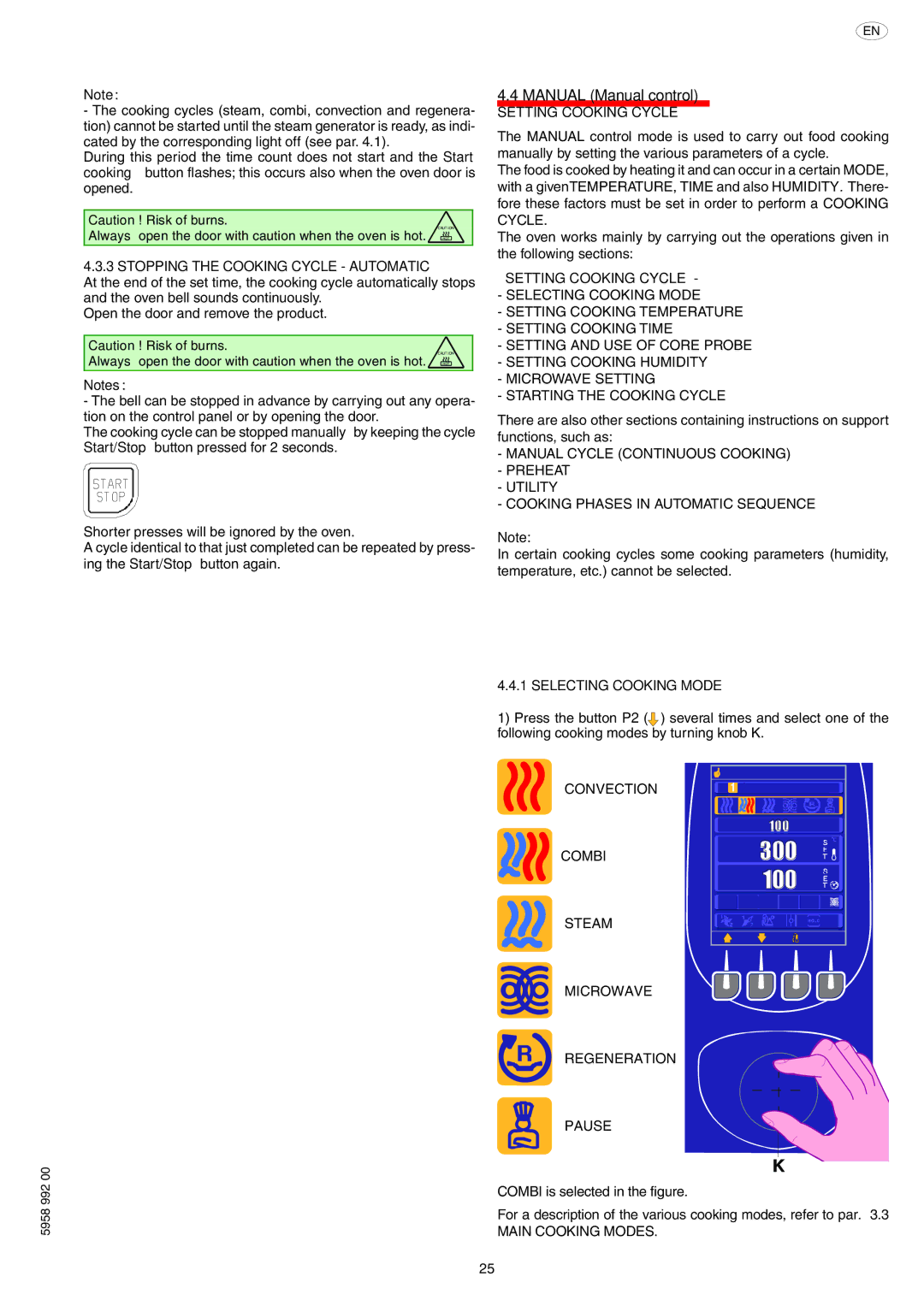 Electrolux AOW101E manual Stopping the Cooking Cycle Automatic, Setting Cooking Cycle, Selecting Cooking Mode 