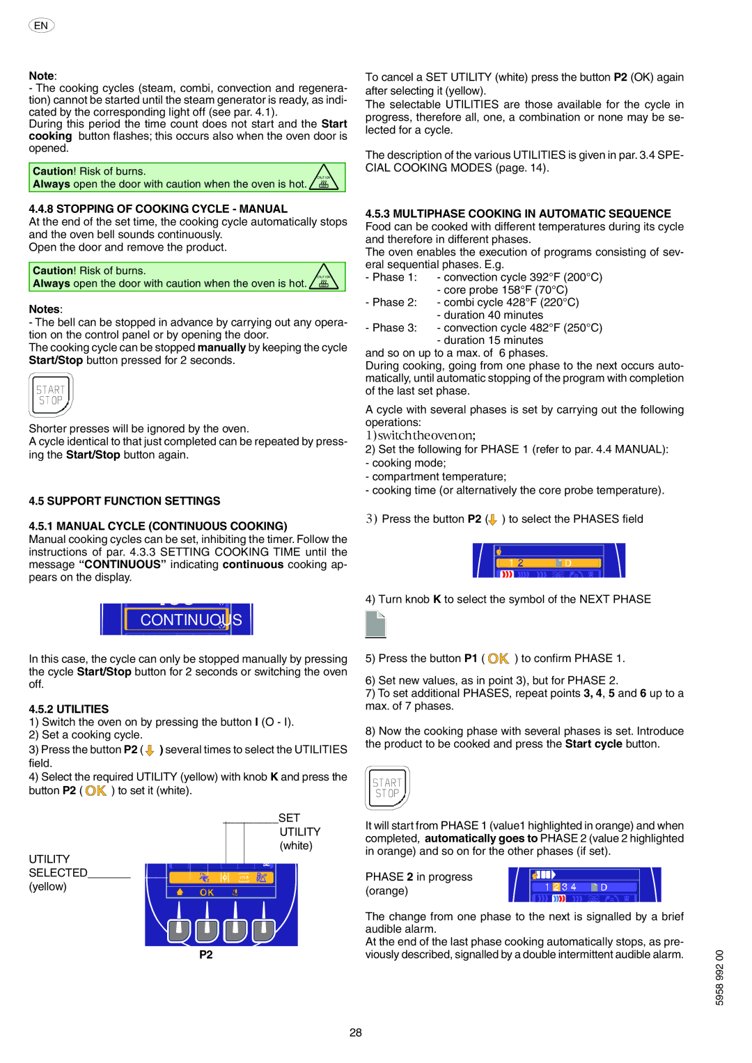 Electrolux AOW101E Stopping of Cooking Cycle Manual, Support Function Settings Manual Cycle Continuous Cooking, Utilities 